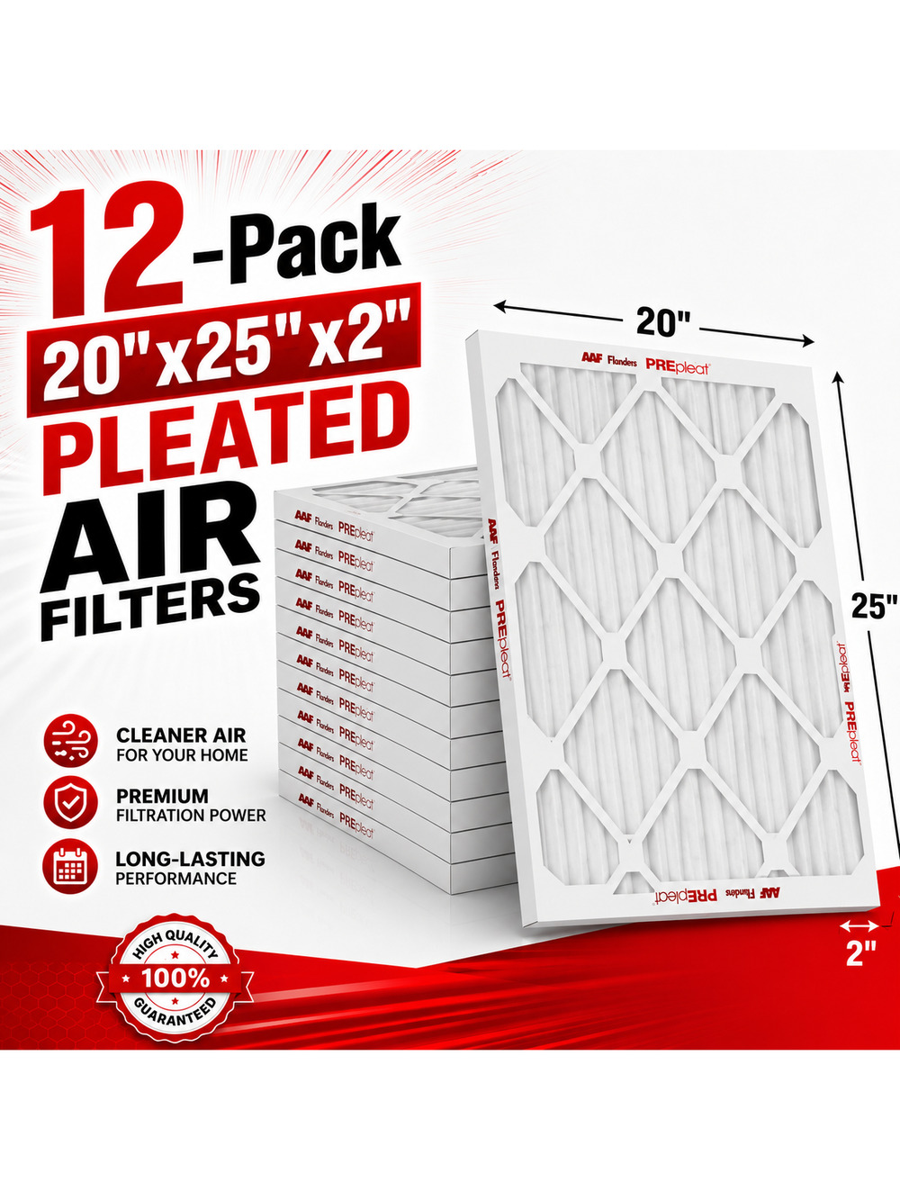 20x25x2 MERV 8 Pleated AC Furnace Air Filters. 12 Pack